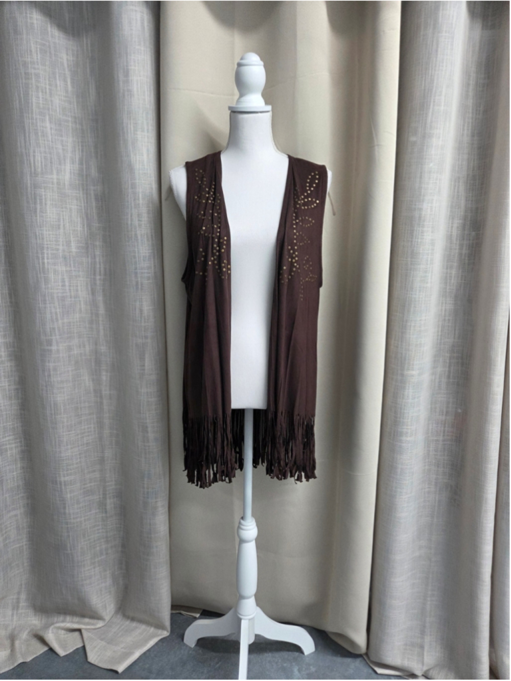 New Directions Brown Fringe Studded Open Vest Boho Festival Size 1X
